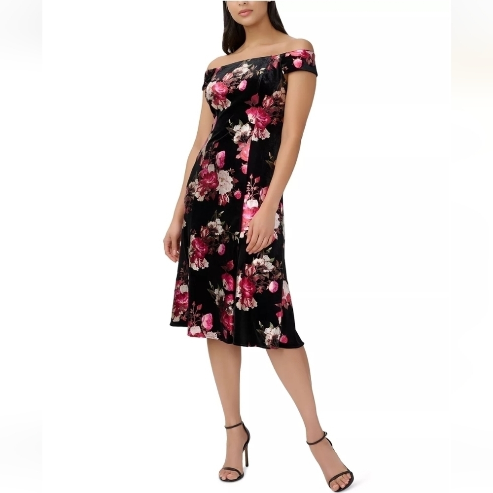 Off-Shoulder Black Floral Midi Dress - Pink Rose Print